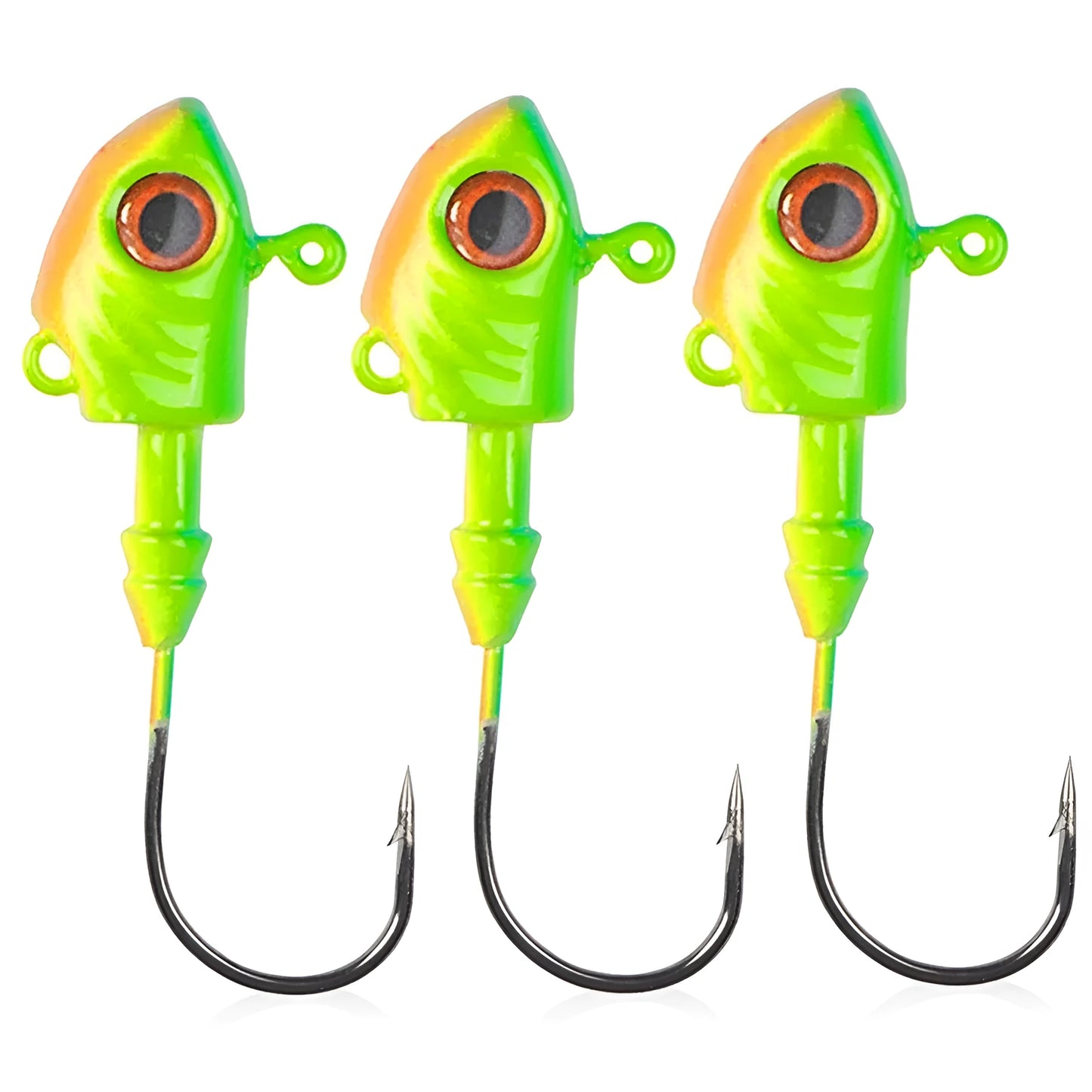 Pack of three Yayu shaped lead head fishing lures in Blue, Sliver or Yellow colour.