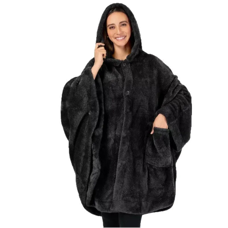 Thick hooded cloak bathrobe in polyester available in black, dark grey and pink colours