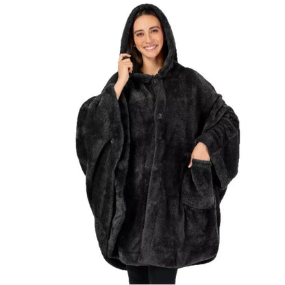 Thick hooded cloak bathrobe in polyester available in black, dark grey and pink colours