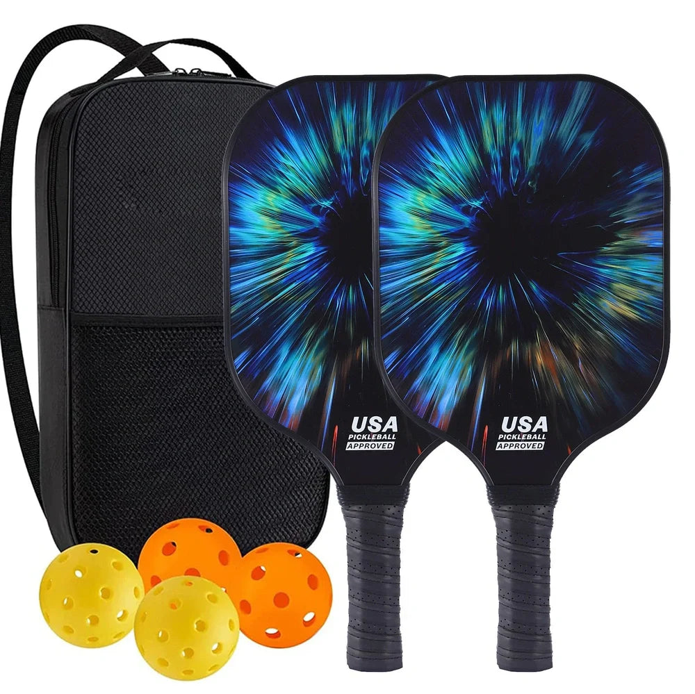 Peak Racket fibreglass squash set showing two rackets and four balls for complete playing equipment