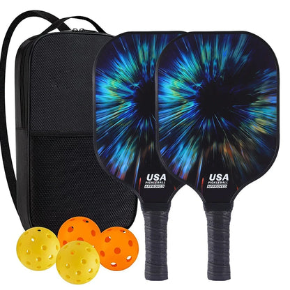 Peak Racket fibreglass squash set showing two rackets and four balls for complete playing equipment