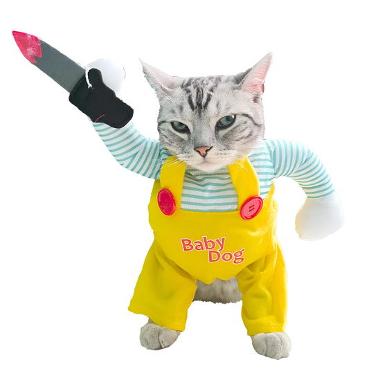 Yellow assassin costume clothing for cat showing polyester fabric and themed design