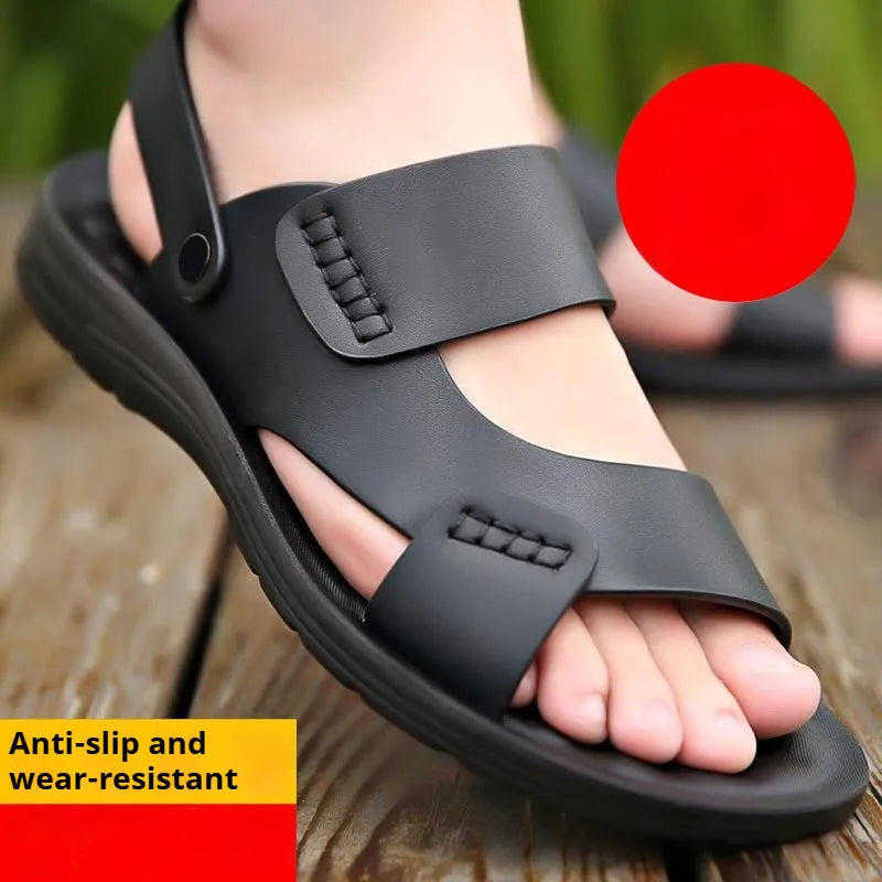 Men's black and brown waterproof plastic casual beach sandals showing size range 39-45.
