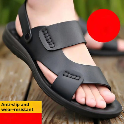 Men's black and brown waterproof plastic casual beach sandals showing size range 39-45.