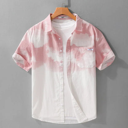 Men's light pink pure cotton short-sleeved shirt with loose cardigan styling on hanger