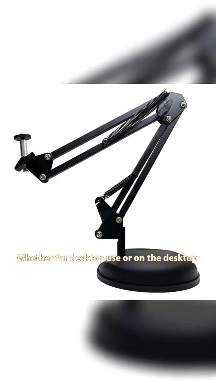 Black foldable metal desktop bracket holding tablet with adjustable cantilever arm