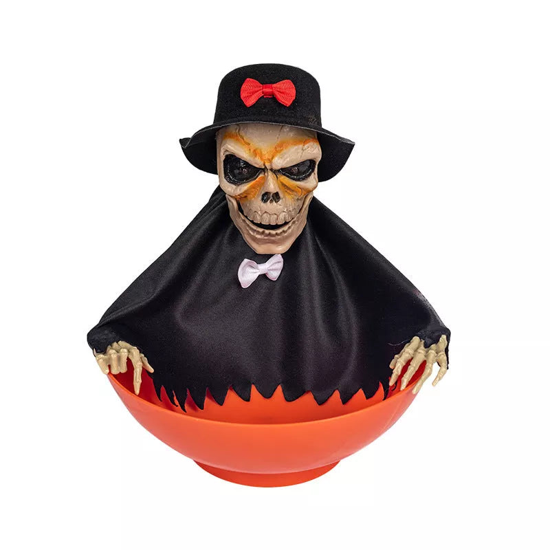 Electrically illuminated Halloween skull candy organizer with sound effects and swinging motion
