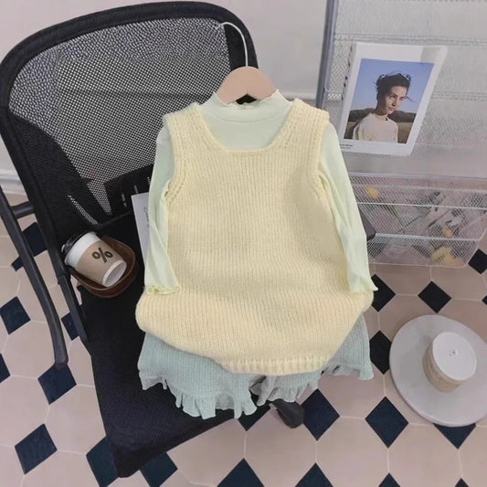 Yellow knitted vest jumper skirt with sleeveless design and Korean style elements