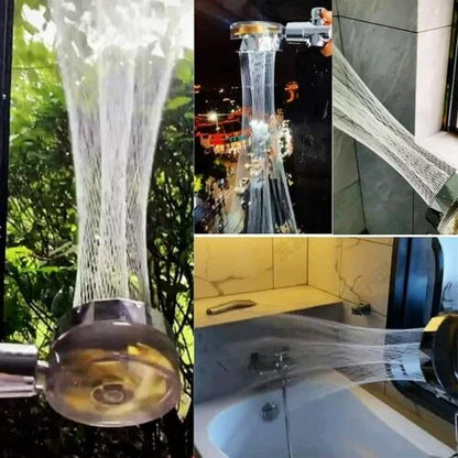 A modern, minimalist showerhead with a sleek design and high-pressure water flow for a refreshing shower experience