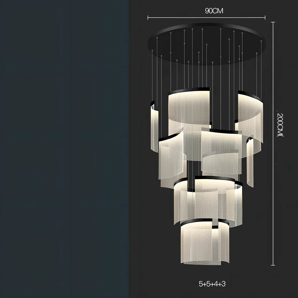 Villa Duplex large chandelier with multiple LED heads and gold mesh grid on stainless steel pendant