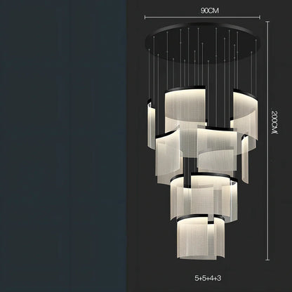 Villa Duplex large chandelier with multiple LED heads and gold mesh grid on stainless steel pendant