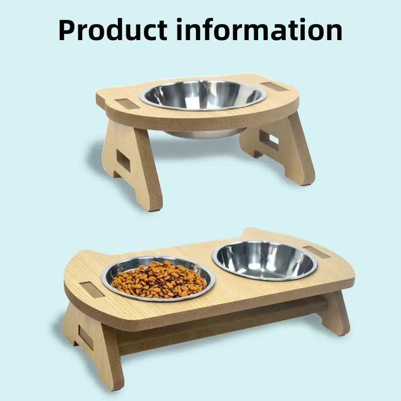 Wooden elevated cat feeder with two stainless steel bowls for food and water.