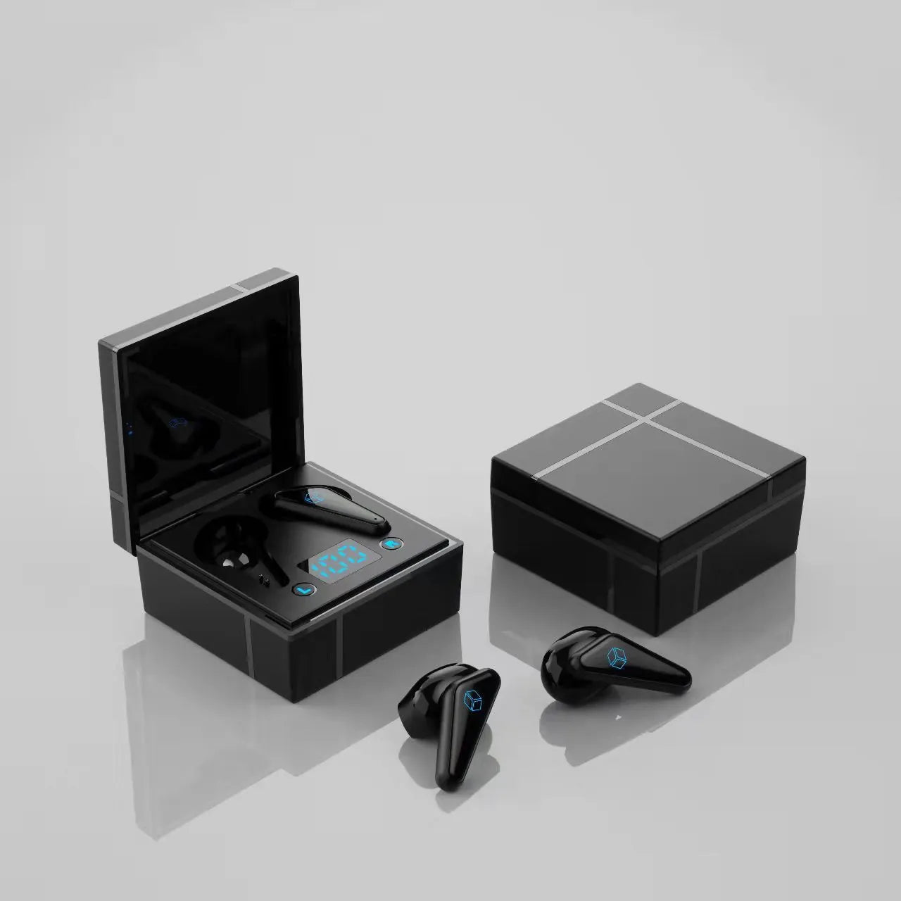 Wireless Bluetooth gaming headset with digital display shown in blue and white colour option