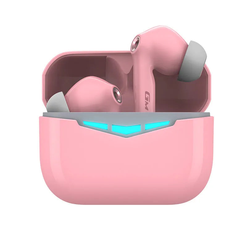 True wireless gaming Bluetooth headset with black earpieces, charging case, and three sizes of silicone earmuffs displayed