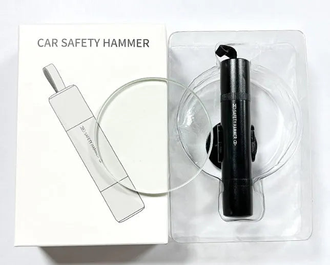 Aluminium alloy car safety hammer with cutting blade in black, red, and silver colour options