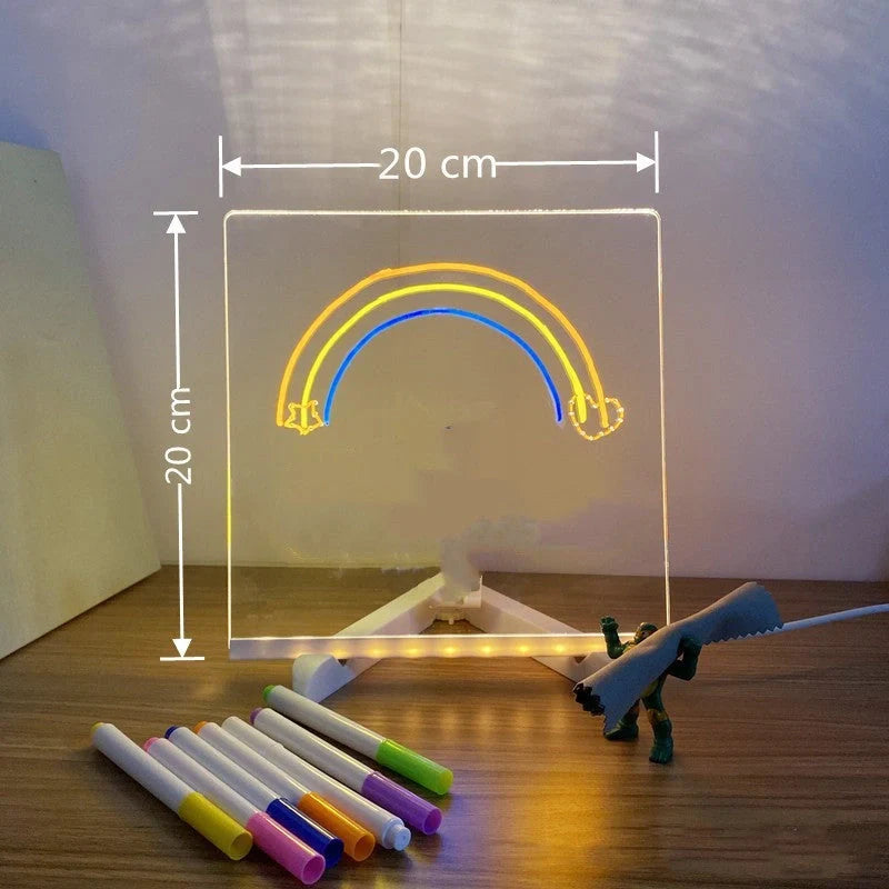 Acrylic DIY Note Board LED Night Light with colorful pens on a desk
