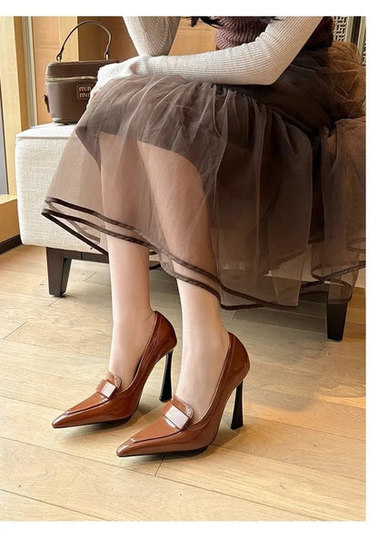 Women's pointed-toe stiletto court heels with 6-8cm tapered heel, PU upper, black or brown, sizes 34-42