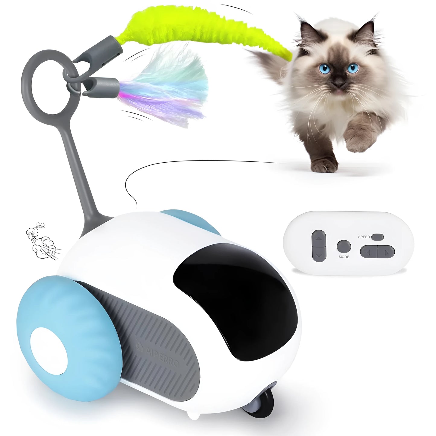Blue remote-controlled smart cat toy car with feather teaser attachment on hard floor