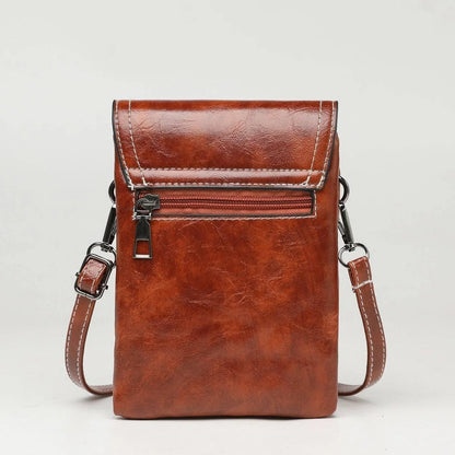 Stylish crossbody bag with mobile phone pocket, available in yellow, black, and brown colors