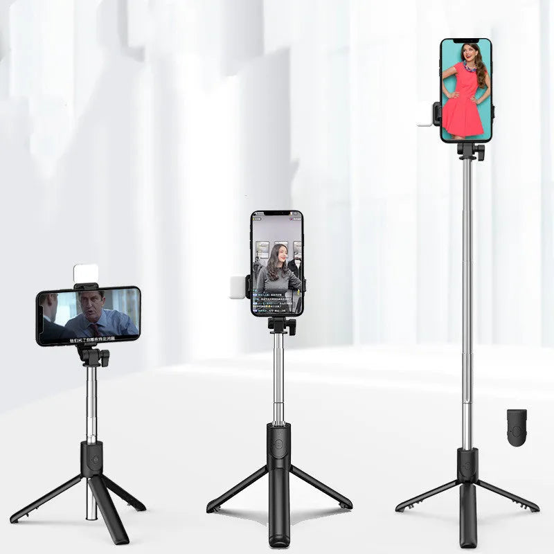 Bluetooth selfie stick with 360-degree rotation and integrated tripod in black colour