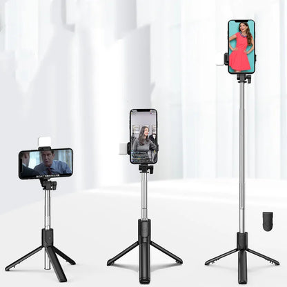 Bluetooth selfie stick with 360-degree rotation and integrated tripod in black colour