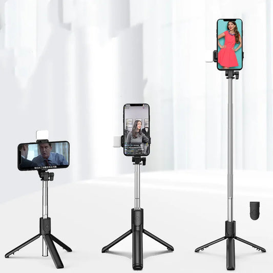 Bluetooth selfie stick with 360-degree rotation and integrated tripod in black colour