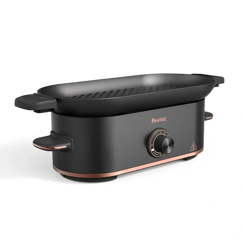 Mini electric barbecue plate grill with titanium black finish, measuring 350cm long, for smoke-free indoor cooking