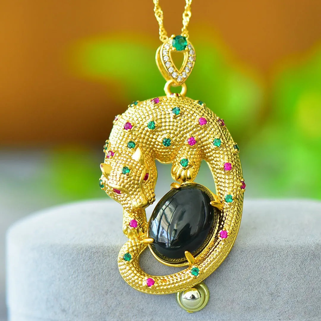 Flat grey Hetian Jade pendant with ink blue jade details and copper inlay on a necklace chain