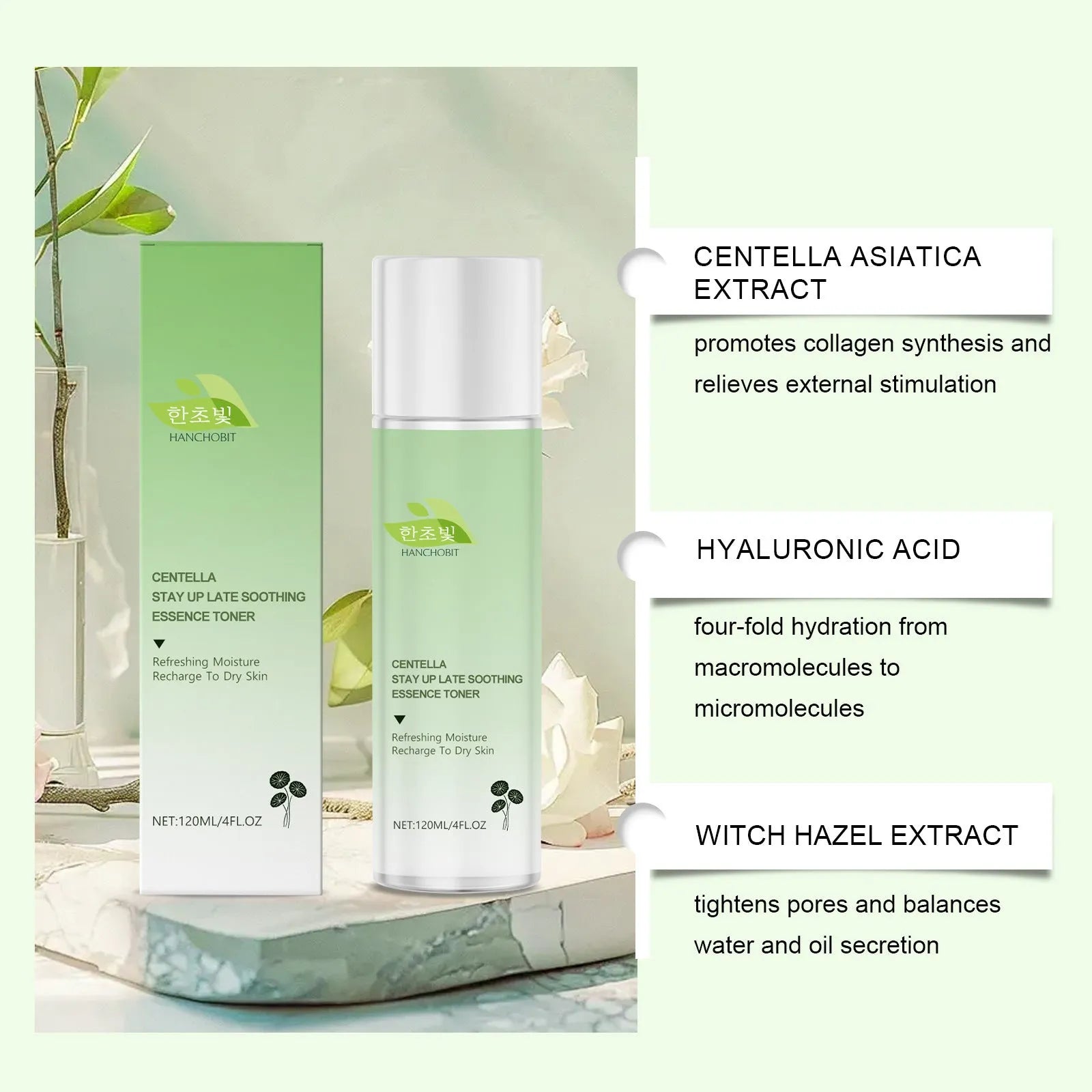 Centella asiatica soothing toner lotion bottle 120ml with hydrating ingredients