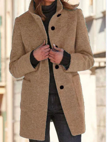 Fashionable woolen coat with stand collar, pockets, and button closure for women's fall and winter outerwear