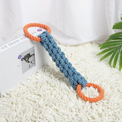 Blue braided bone-shaped cotton rope dog toy with double rings measuring 37 cm