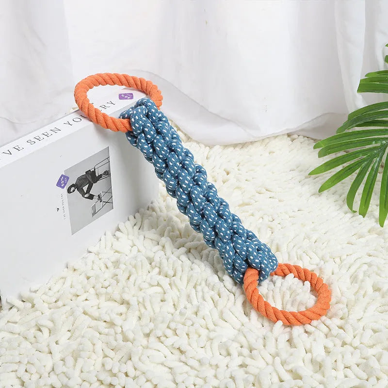 Pet dog toy braided bone rope double-ring design chewable cotton knot toy for teething and tooth cleaning durable dog rope toy 37 cm blue dog supplies