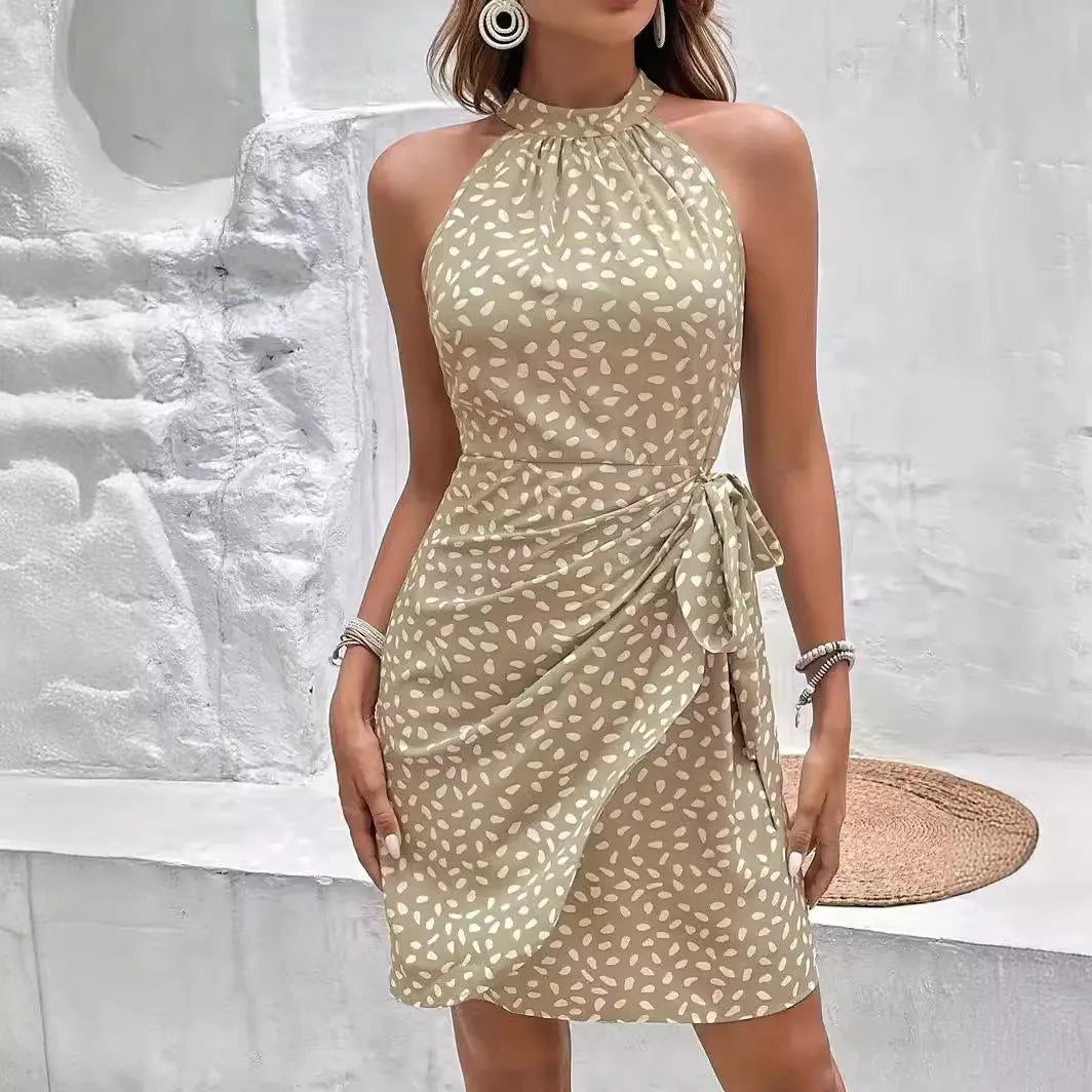 Women's summer halterneck printed dress with tied-waist design in navy blue