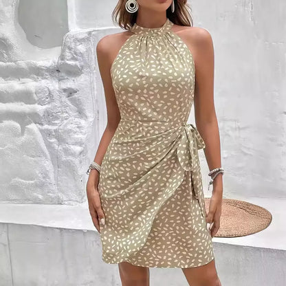 Women's summer halterneck printed dress with tied-waist design in navy blue