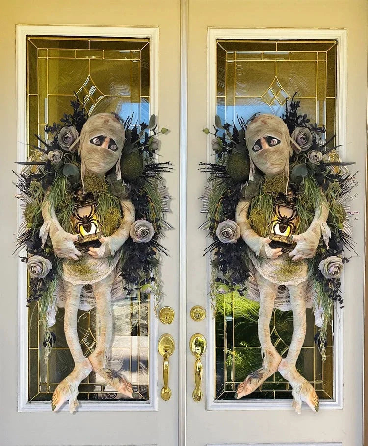 Realistic Mummy Halloween Wreath with skeleton hands for spooky door decoration