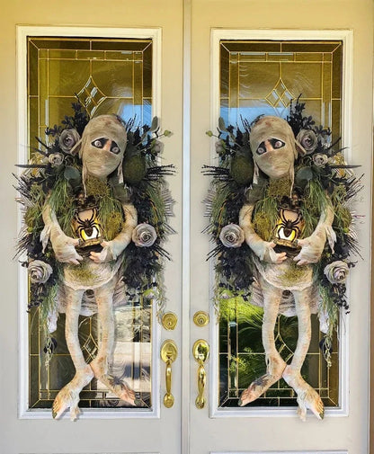 Realistic Mummy Halloween Wreath with skeleton hands for spooky door decoration