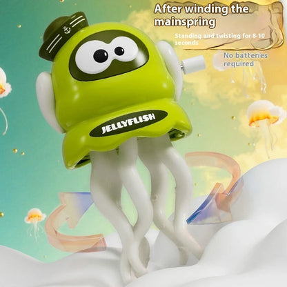Green wind-up octopus toy dancing on surface with clockwork mechanism visible