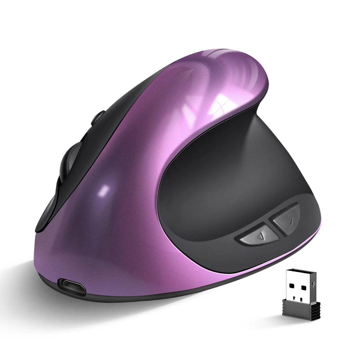 Rechargeable ergonomic vertical wireless mouse in multiple colours with Android charging port