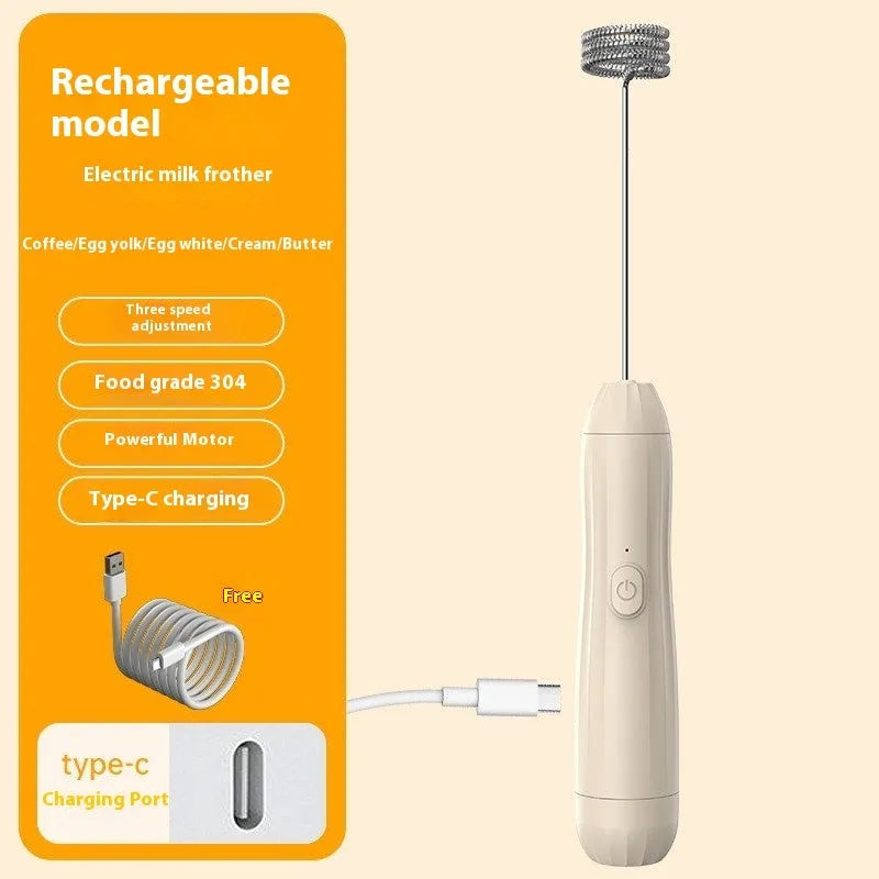 Mini handheld milk frother in black, white or khaki colour with stainless steel whisk and USB charging