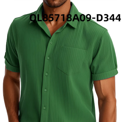 Man wearing a loose fit printed short sleeve lapel shirt in a casual setting