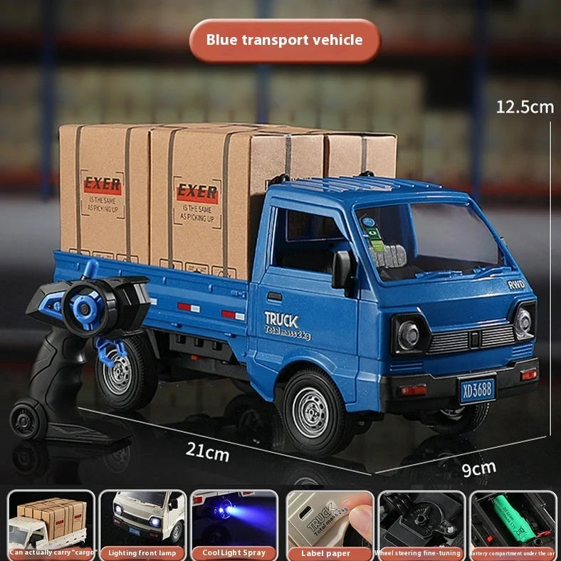 Blue remote control city truck with LED lights illuminated, demonstrating spray sound effect activation during operation