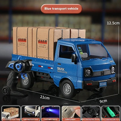 Blue remote control city truck with LED lights illuminated, demonstrating spray sound effect activation during operation