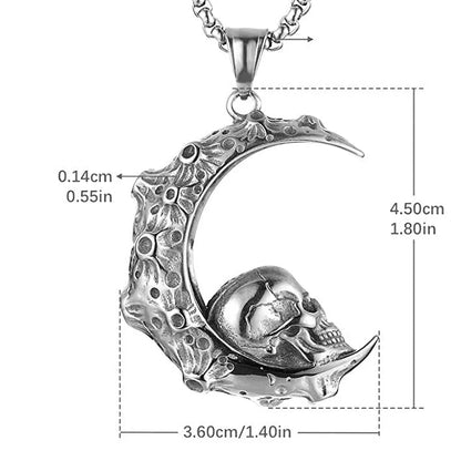 Men's silver stainless steel necklace with a detailed alloy skull pendant on a chain.