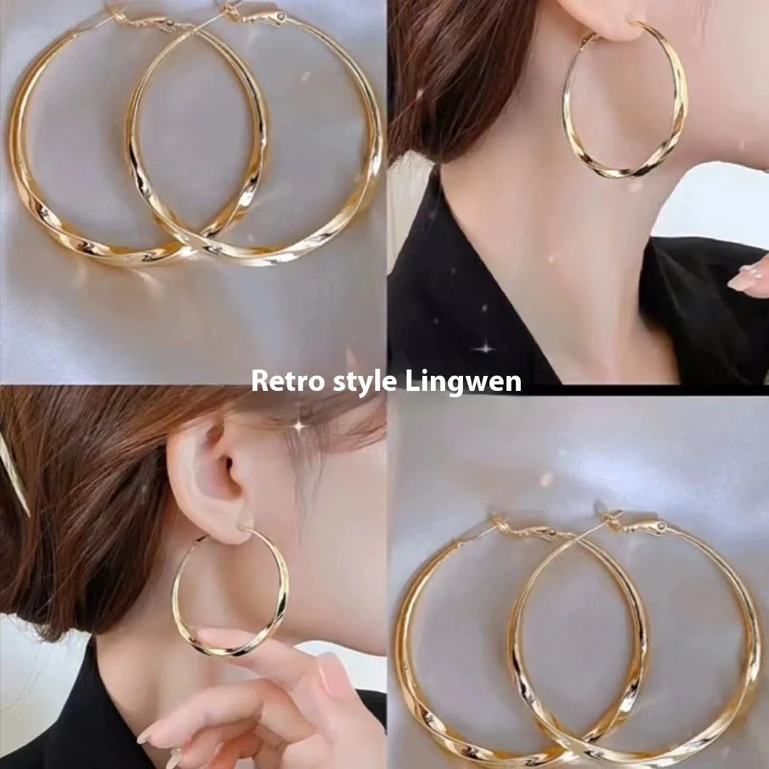Twisted eyelet earrings in gold or silver electroplated metal, simple style, one pair