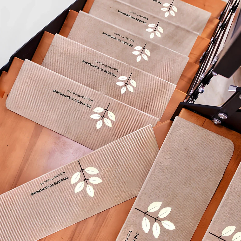 Self-adhesive luminous stair mat with glow strips on wooden staircase, rectangular design with hemmed edges