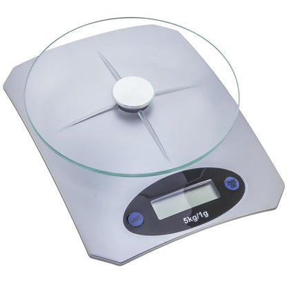 Silver white mini electronic kitchen scale with digital display showing 0.1g precision measurements