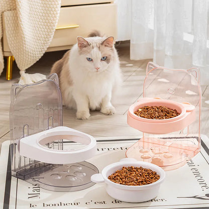 Grey adjustable height cat feeding bowl with removable cat ears and anti-spill barrier