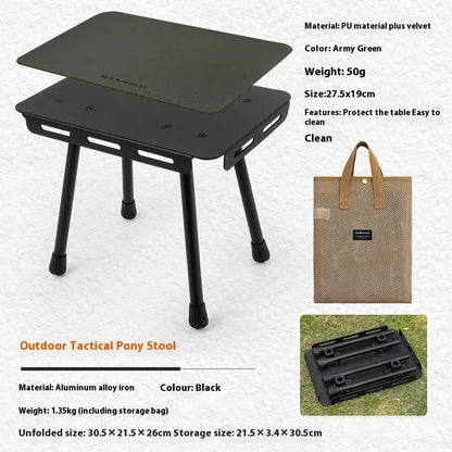 CLS aluminium folding camping stool converted into a small table with a green PU mat top