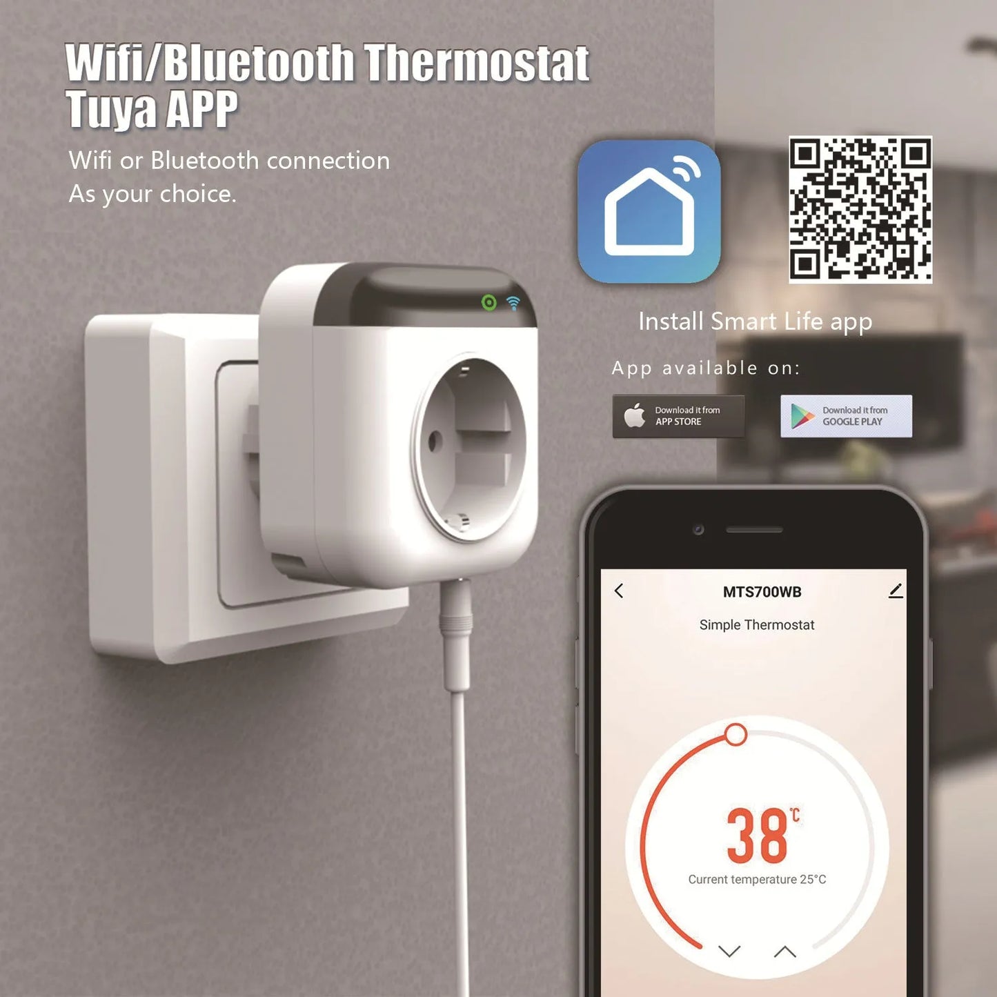White Tuya smart temperature control socket with three US outlets and temperature sensor probe