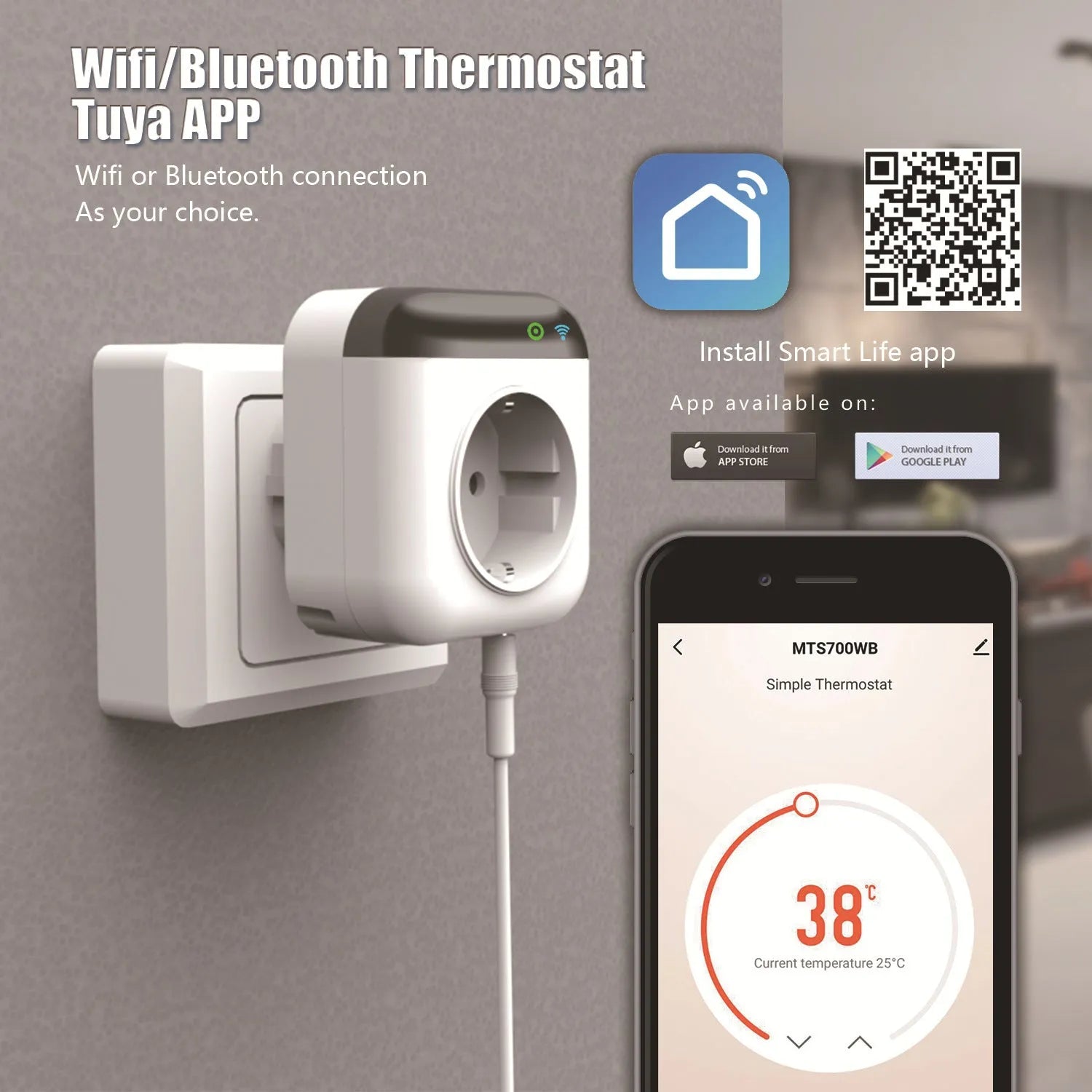 White Tuya smart temperature control socket with three US outlets and temperature sensor probe